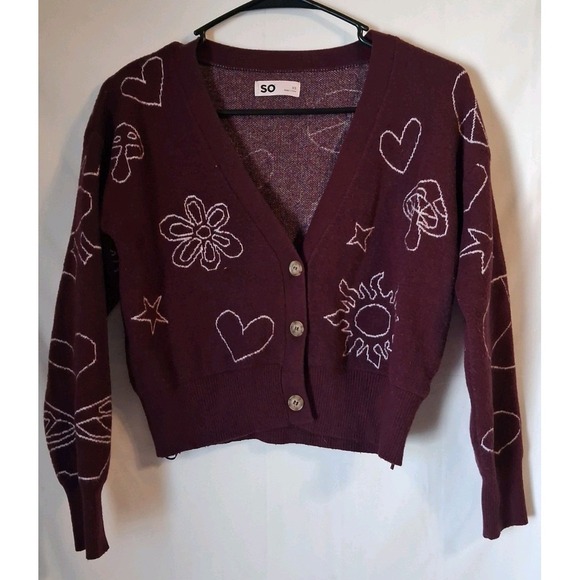SO Sweaters - SO Maroon Printed Cropped Cardigan Junior Size XS